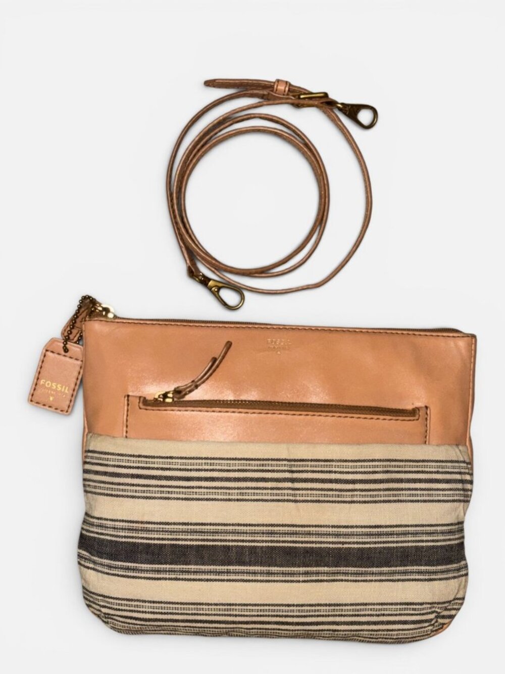 VTG Fossil Issue No 1954 Explorer Series Crossbody Striped Canvas Tan Bag VEGAN - Picture 4 of 10